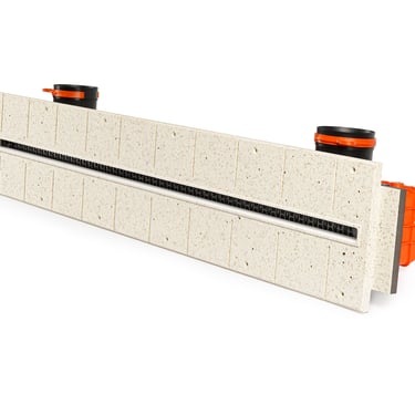 ERGOVENT LINEO PRO PROFILE angled view showing gypsum body with black slot grille, two round duct inlets and orange end cap