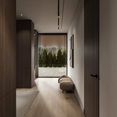 Modern hallway with ERGOVENT LINEO invisible diffuser flush-mounted in ceiling, dark wood joinery and garden views.