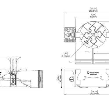 ERGOVENT AERO PRO technical drawing showing top, side and front dimensions in mm and inches