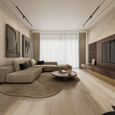 Warm modern living room with ERGOVENT LINEO invisible diffuser flush-mounted in white ceiling above taupe sectional sofa.