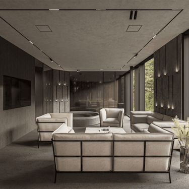 Luxury living room with ERGOVENT KVADRO diffusers flush-mounted in concrete ceiling above beige sectional sofa.