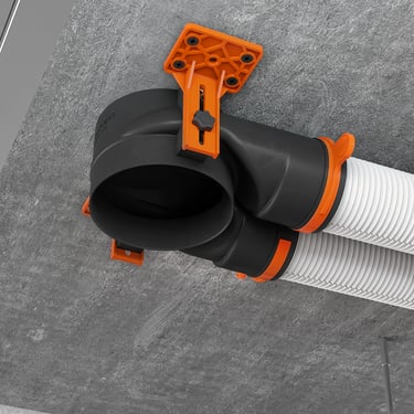 ERGOVENT AERO PRO distribution box installed on concrete ceiling with flexible duct and orange bracket