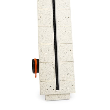 ERGOVENT LINEO PRO PROFILE end view showing gypsum body depth, black slot grille and orange duct inlet collar