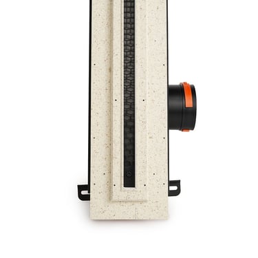 ERGOVENT LINEO PRO single-slot end view showing gypsum body depth, black slot grille and orange duct inlet collar