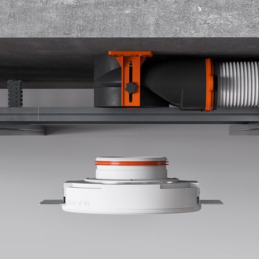 ERGOVENT AERO PRO and RONDO cross-section showing in-ceiling plenum box with flexible duct and concealed diffuser below