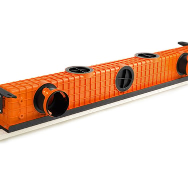 ERGOVENT LINEO PRO single-slot angled view showing orange plenum body with multiple round duct inlets and mounting brackets