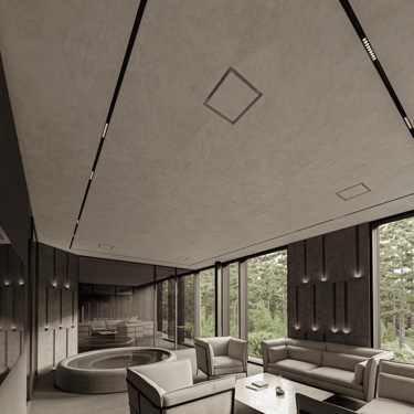 Luxury spa lounge with ERGOVENT KVADRO diffuser flush-mounted in concrete ceiling, indoor hot tub and forest views.