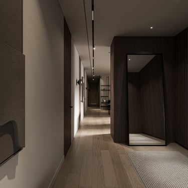Long residential corridor with ERGOVENT LINEO diffuser running along ceiling, dark wood paneling and full-length mirror.