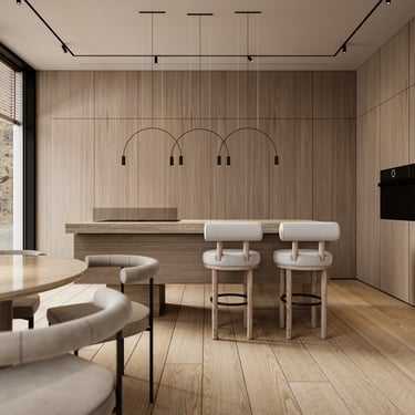 Warm kitchen with ERGOVENT LINEO diffuser in ceiling, wood cabinetry, stone island and designer bar stools.