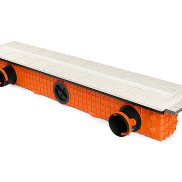 ERGOVENT LINEO PRO PROFILE rear angled view showing orange plenum body with round duct inlets and white gypsum face