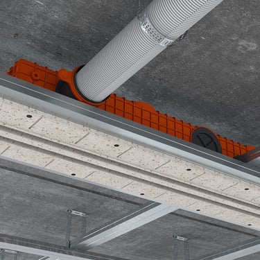 ERGOVENT LINEO PRO PUZZLE 2-slot 75x1050mm render showing gypsum face in concrete ceiling grid with flexible duct