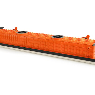 ERGOVENT LINEO PRO single-slot rear angled view showing orange plenum body top with duct inlets and mounting brackets