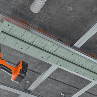 ERGOVENT LINEO PRO PROFILE installation render showing gypsum face being screwed into concrete ceiling grid with drill