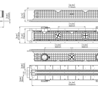 ERGOVENT LINEO PRO PUZZLE 2-slot 75x1050mm technical drawing showing side, top and front dimensions in mm and inches