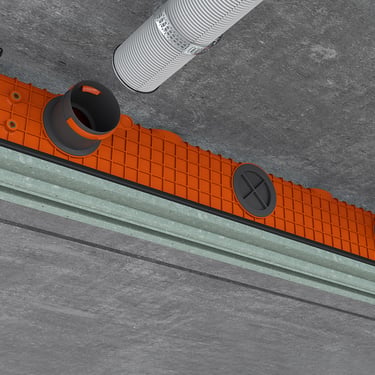 ERGOVENT LINEO PRO single-slot installation render showing plenum body being set into concrete ceiling with flexible duct