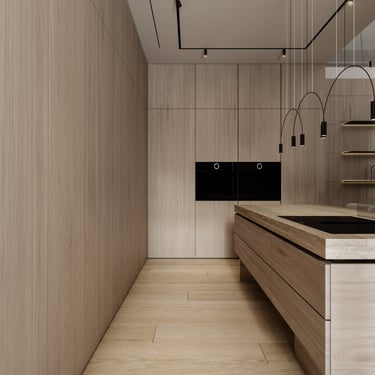 Modern kitchen with ERGOVENT LINEO diffuser in ceiling above light wood cabinetry and stone island.