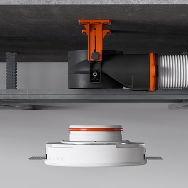 ERGOVENT AERO PRO and RONDO cross-section showing plenum box in ceiling cavity with diffuser partially lowered below ceiling