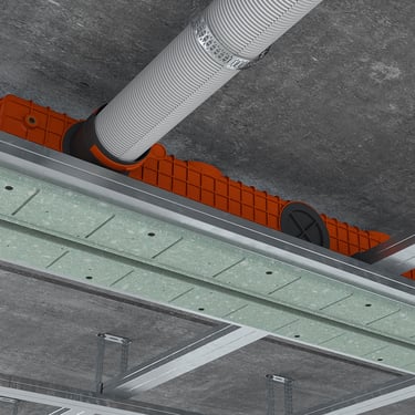 ERGOVENT LINEO PRO PROFILE installation render showing plenum body mounted in concrete ceiling grid with flexible ducts