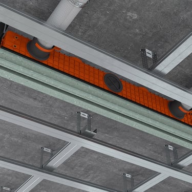 ERGOVENT LINEO PRO single-slot installation render showing plenum body mounted in concrete ceiling grid with flexible ducts