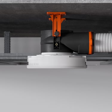 ERGOVENT AERO PRO cross-section render showing plenum box and RONDO diffuser fully installed in ceiling cavity
