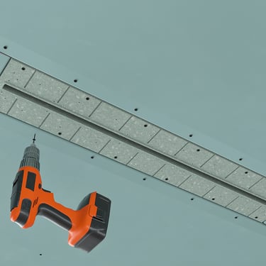 ERGOVENT LINEO PRO PROFILE installation render showing diffuser face being screwed into gypsum ceiling with drill