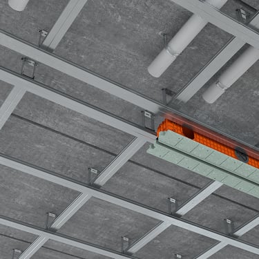 ERGOVENT LINEO PRO PUZZLE installation render showing plenum body in concrete ceiling grid before gypsum face install