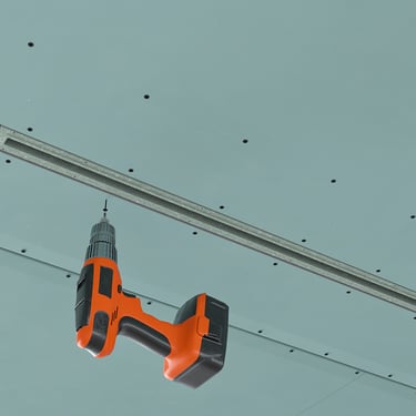 ERGOVENT LINEO PRO single-slot installation render showing diffuser face being screwed into gypsum ceiling with drill