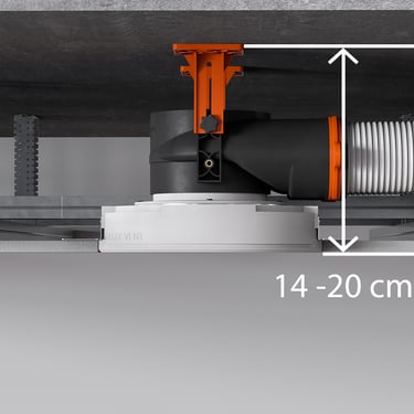 ERGOVENT AERO PRO cross-section showing 14-20 cm minimum ceiling cavity height requirement with plenum box and diffuser