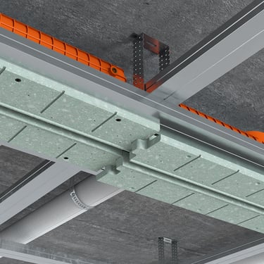 ERGOVENT LINEO PRO PUZZLE installation render showing plenum body mounted in concrete ceiling grid with flexible ducts