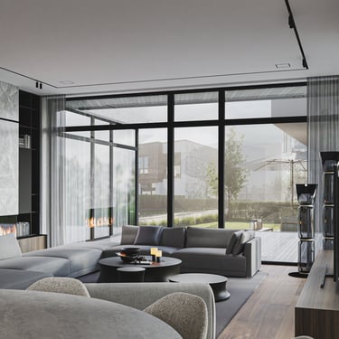 Open-plan living area with ERGOVENT KVADRO diffuser flush-mounted in white ceiling, floor-to-ceiling windows and fireplace.
