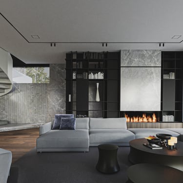 Living room with ERGOVENT KVADRO diffusers in ceiling, marble fireplace wall, spiral staircase and gray sectional sofa.
