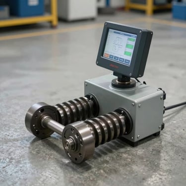 Integrated brake tester rollers installed flush into a clean concrete workshop floor with diagnostic indicators