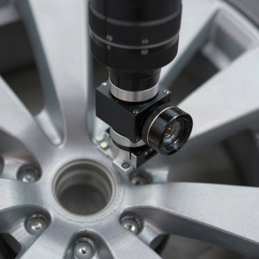 Close-up of a 3D wheel alignment camera sensor clamped onto a heavy-gauge steel wheel rim
