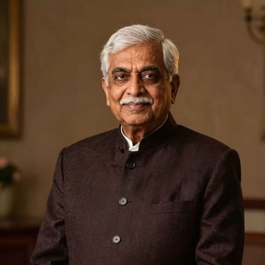 Dignified professional portrait of a senior South Asian community leader, warm indoor studio lighting, rich deep tones, elegant heritage aesthetic, 35mm