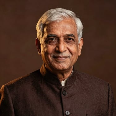 Dignified professional portrait of an elder South Asian gentleman, warm studio lighting, rich deep tones, 35mm