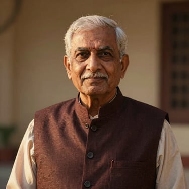 Dignified professional portrait of a South Asian community elder, soft natural golden hour light, rich deep tones, 35mm