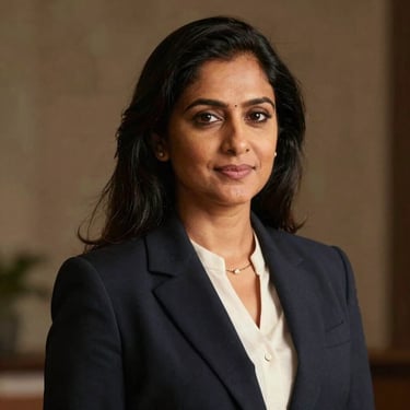 Dignified professional portrait of a South Asian female professional, soft natural light, rich deep tones, 35mm