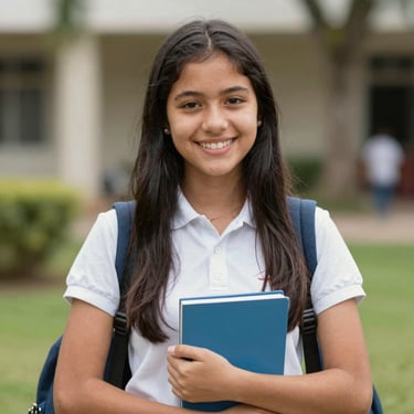 Smiling student holding a math workbook with colorful notes in a bright tutoring studio.