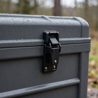 Close-up detail shot of heavy-duty black steel latches on a rugged charcoal portable tool chest, weathered with raindrops, natural overcast daylight, sharp focus, 35mm lens.