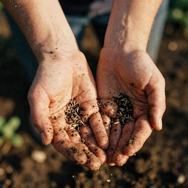 Close-up of muddy garden hands holding heirloom flower seeds, warm golden-hour light, tactile, 35mm film