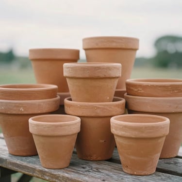 Earthy terracotta pots with natural weathered patina stacked on a wooden garden bench, soft overcast daylight, 35mm film