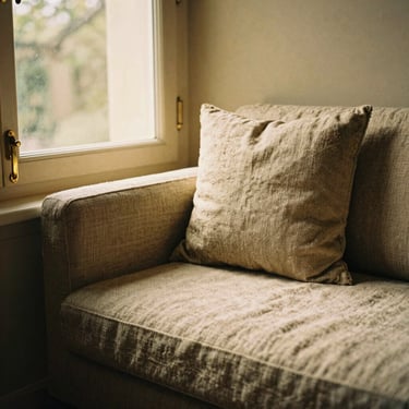 A cozy reading nook by a window, textured linen textiles, a weathered brass latch visible on the window frame, warm golden light, 35mm film