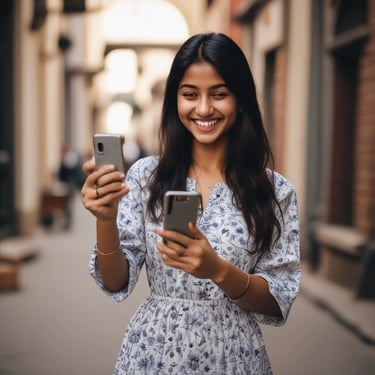 Image of a happy woman showing her fixed smartphone with a thumbs-up.
