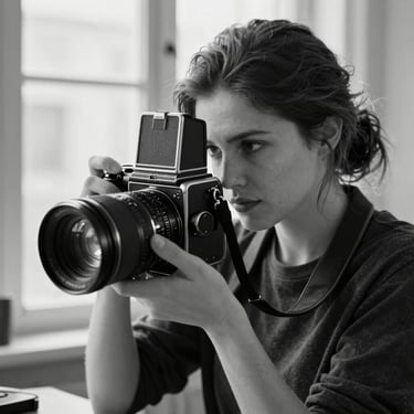 Black and white portrait of a female editorial photographer adjusting a medium format camera lens, natural window light.