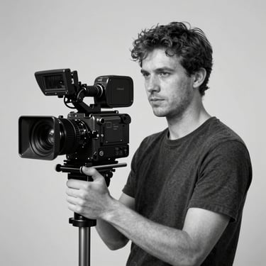 Black and white portrait of a male cinematographer holding a cinema camera, soft side lighting, minimalist studio background.
