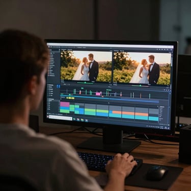 Over-the-shoulder shot of a film editor sitting in a dark suite, color-grading a wedding film on a large monitor showing a vibrant golden hour couple.