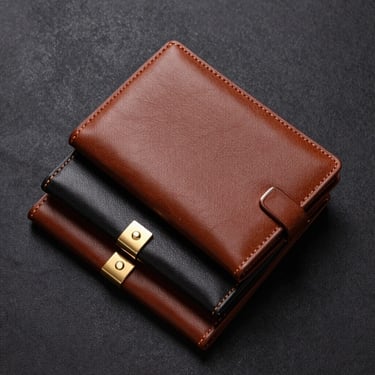 Overhead flat-lay of three luxury leather portfolios stacked neatly, gold accents catching the light, dark textured background.