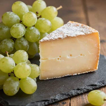 A block of aged white cheddar cheese next to fresh green grapes on a slate board, warm side lighting.