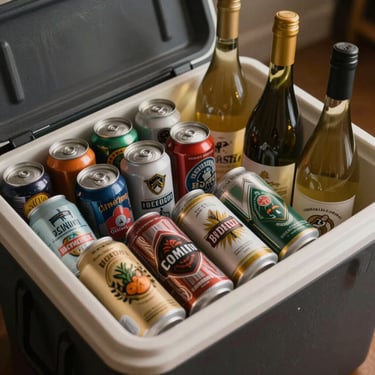 A well-stocked cooler displaying colorful craft beer cans and chilled white wine bottles, warm interior lighting.