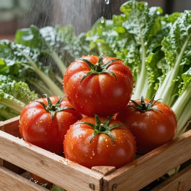 Hand-stacked heirloom tomatoes and vibrant green leafy vegetables in wooden crates, misted with fresh water, daylight.